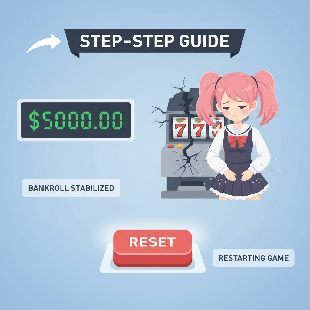 reset button pressed, bankroll meter stable, sad tsundere dusting off after loss, clean interface