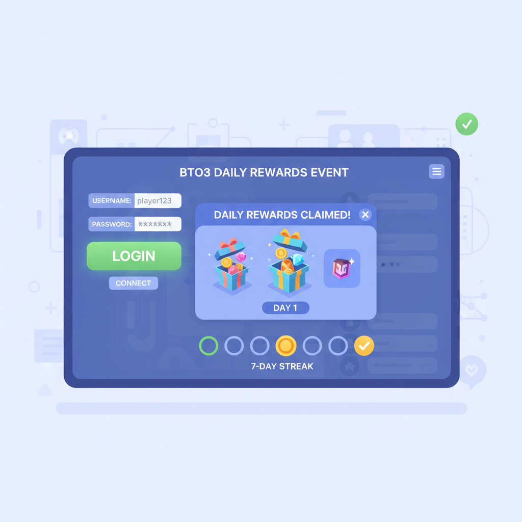 Player logging into Bto3 event dashboard, daily rewards popping, calendar streak