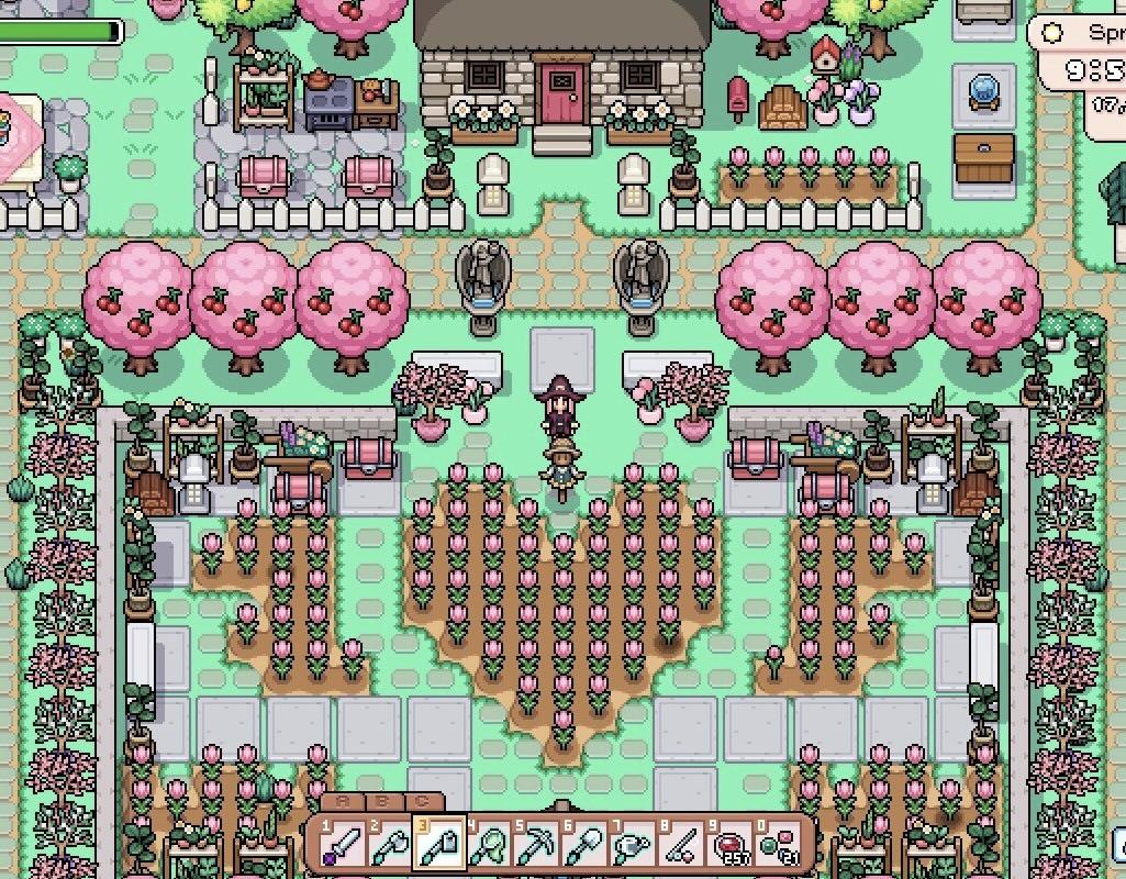 Pixel art collage of Fields of Mistria farming scene with magical elements, cozy Stardew Valley vibes, indie farming sim hidden gem 2026