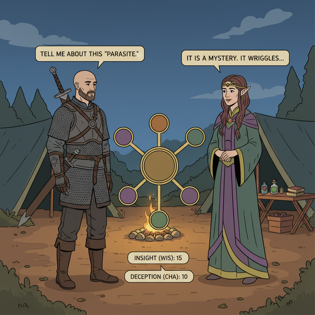 Baldur's Gate 3 player talking to NPC in camp, detailed fantasy dialogue scene