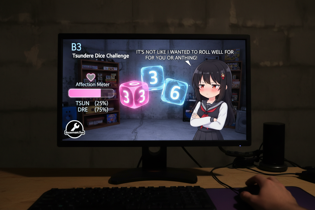 B3 Tsundere Dice Challenge gameplay screenshot showing dice rolls and affection meter on Basement.fun