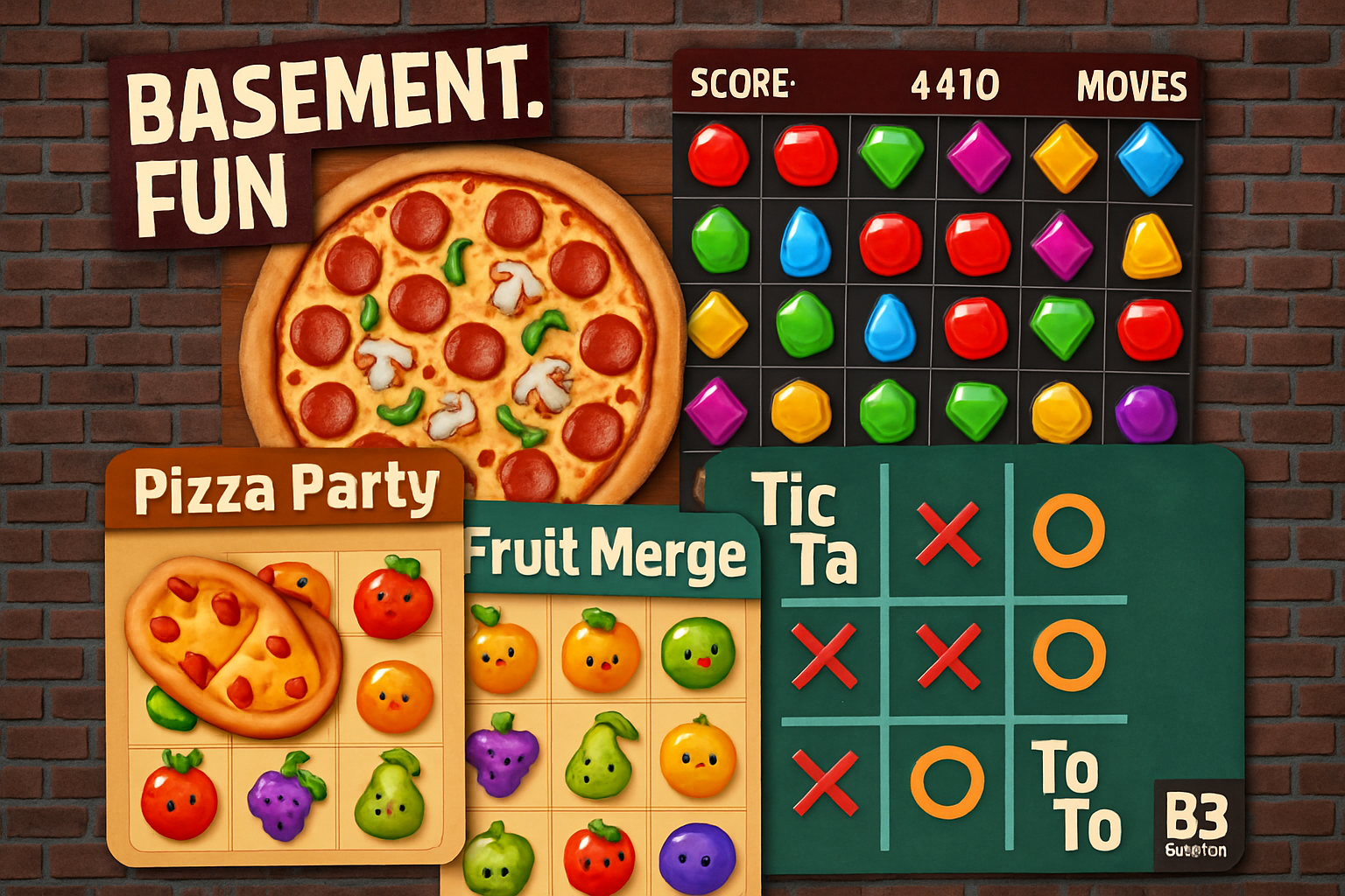 Vibrant screenshot collage of Pizza Party, Jewel Match, Fruit Merge, and Tic Tac Toe on-chain games on basement.fun, B3 Layer 3 Base Network gaming ecosystem