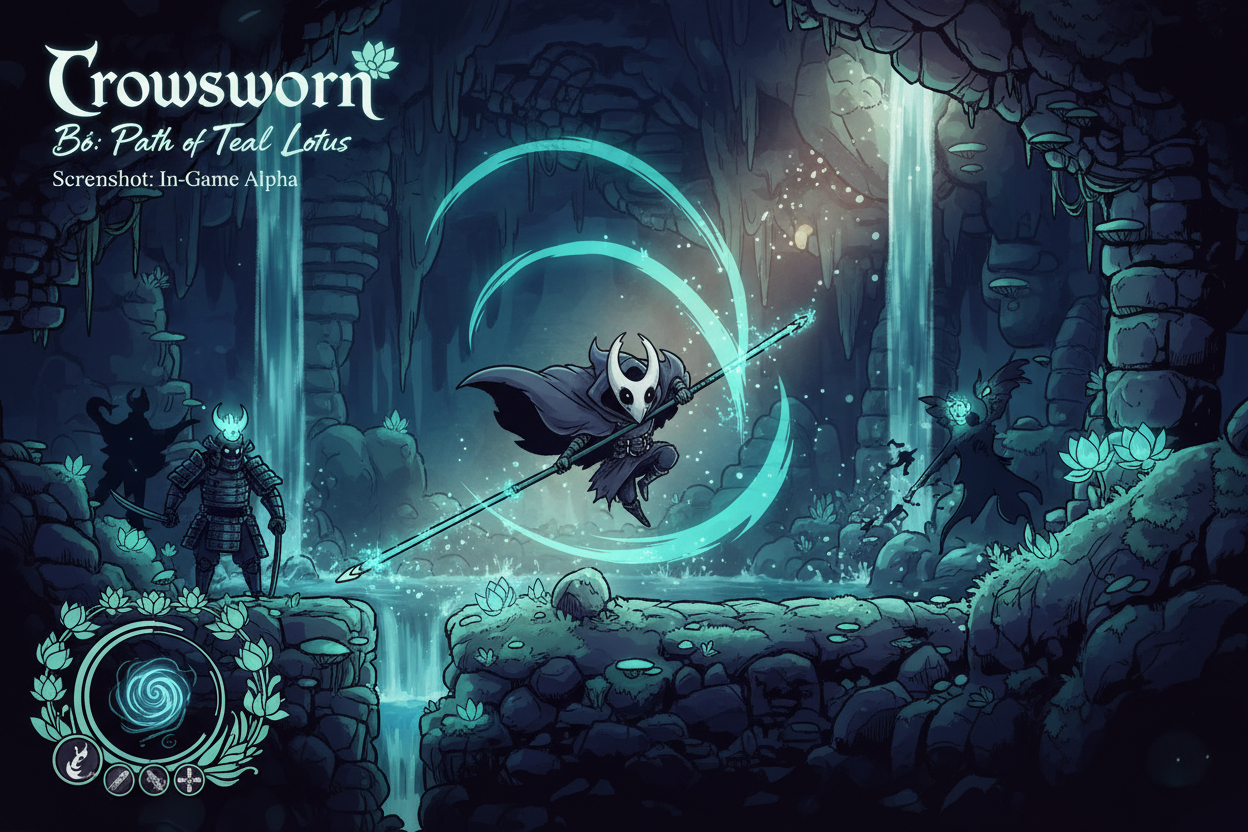 Crowsworn and Bō: Path of the Teal Lotus key art gameplay screenshot metroidvania combat exploration like Hollow Knight indie RPGs Bug Fables 2026