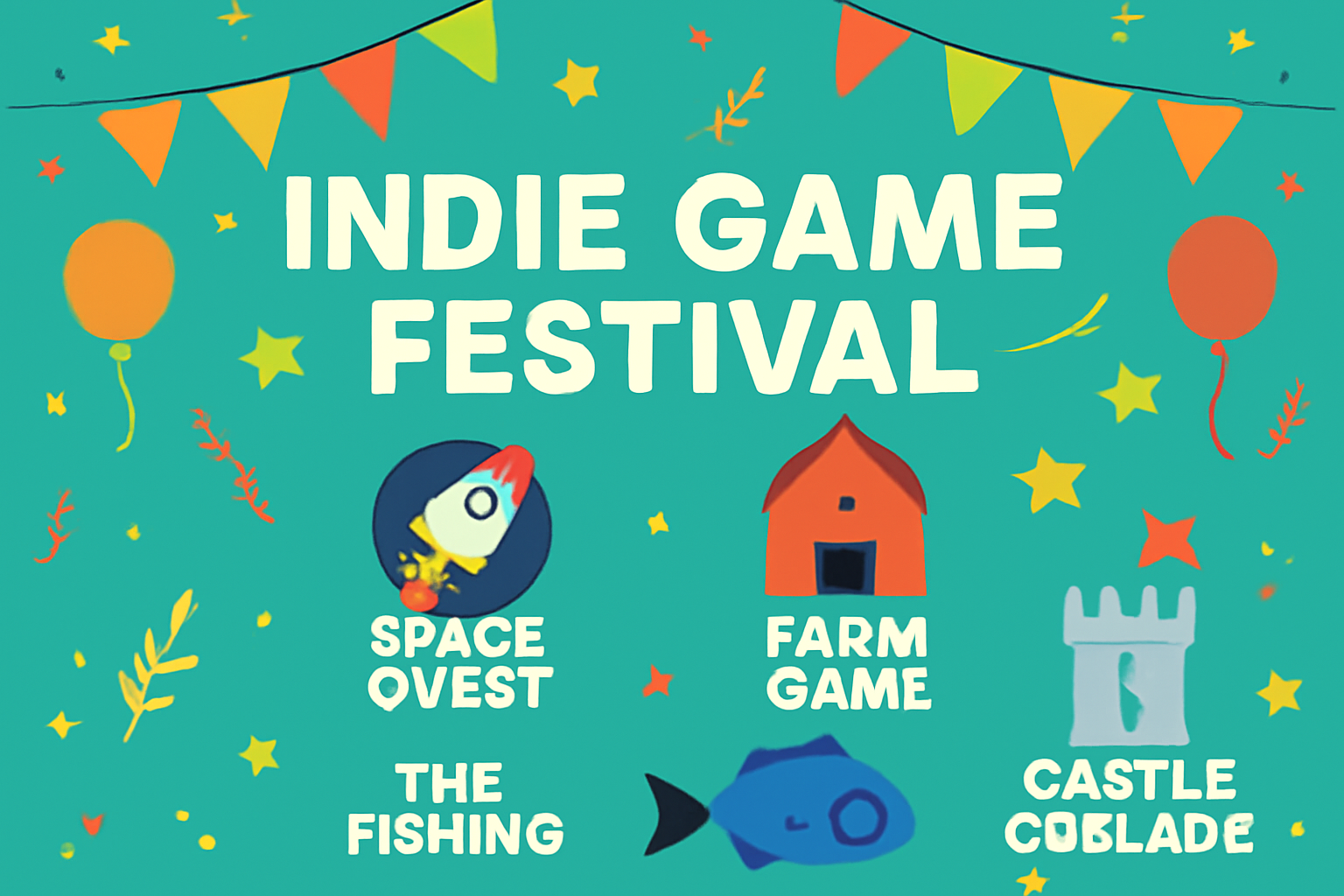 a digital event banner for an indie game festival, with game logos and festive graphics