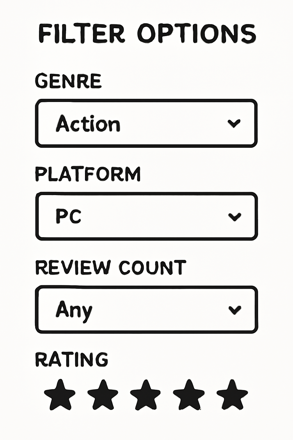 a digital interface showing filter options for games: genre, platform, review count, and rating