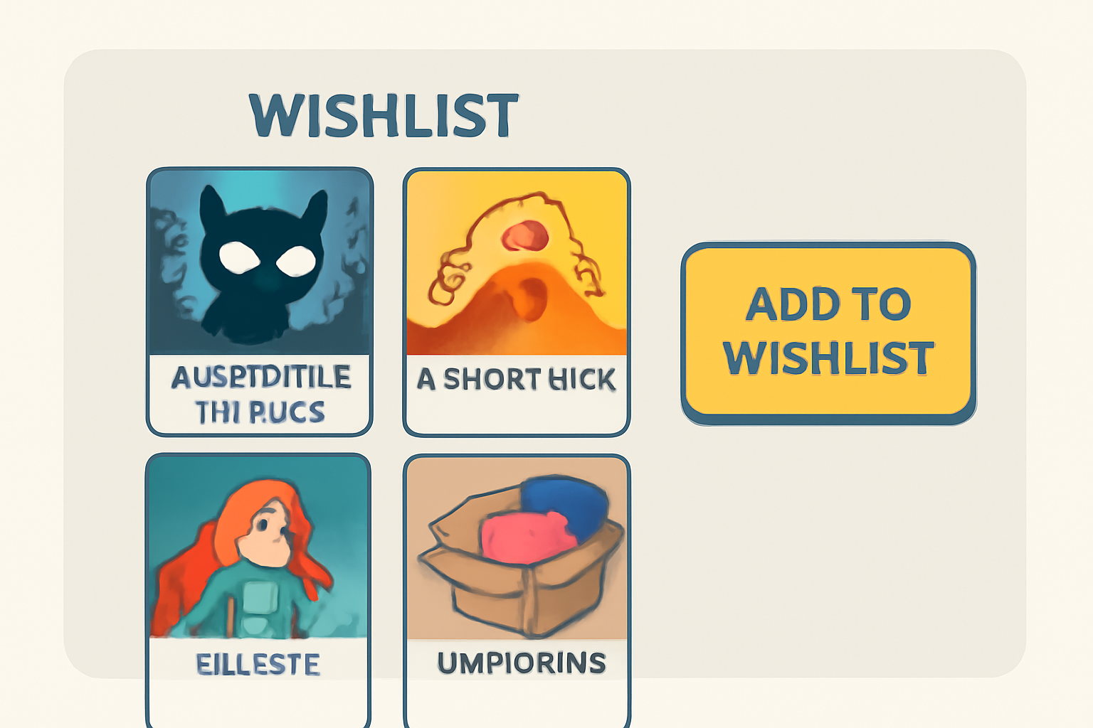 a wishlist interface with indie game covers and a highlighted 'Add to Wishlist' button