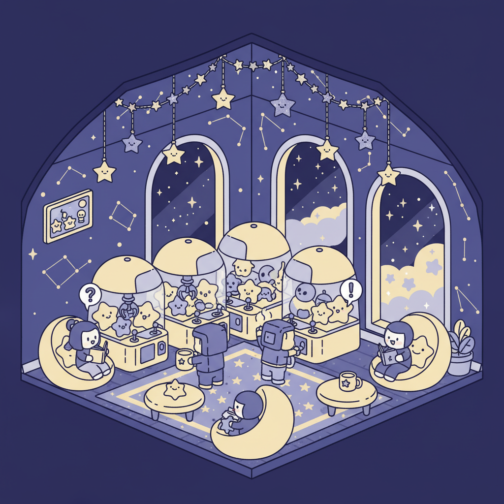 cozy cartoon star lounge interior with claw machines, starry decorations, players engaged