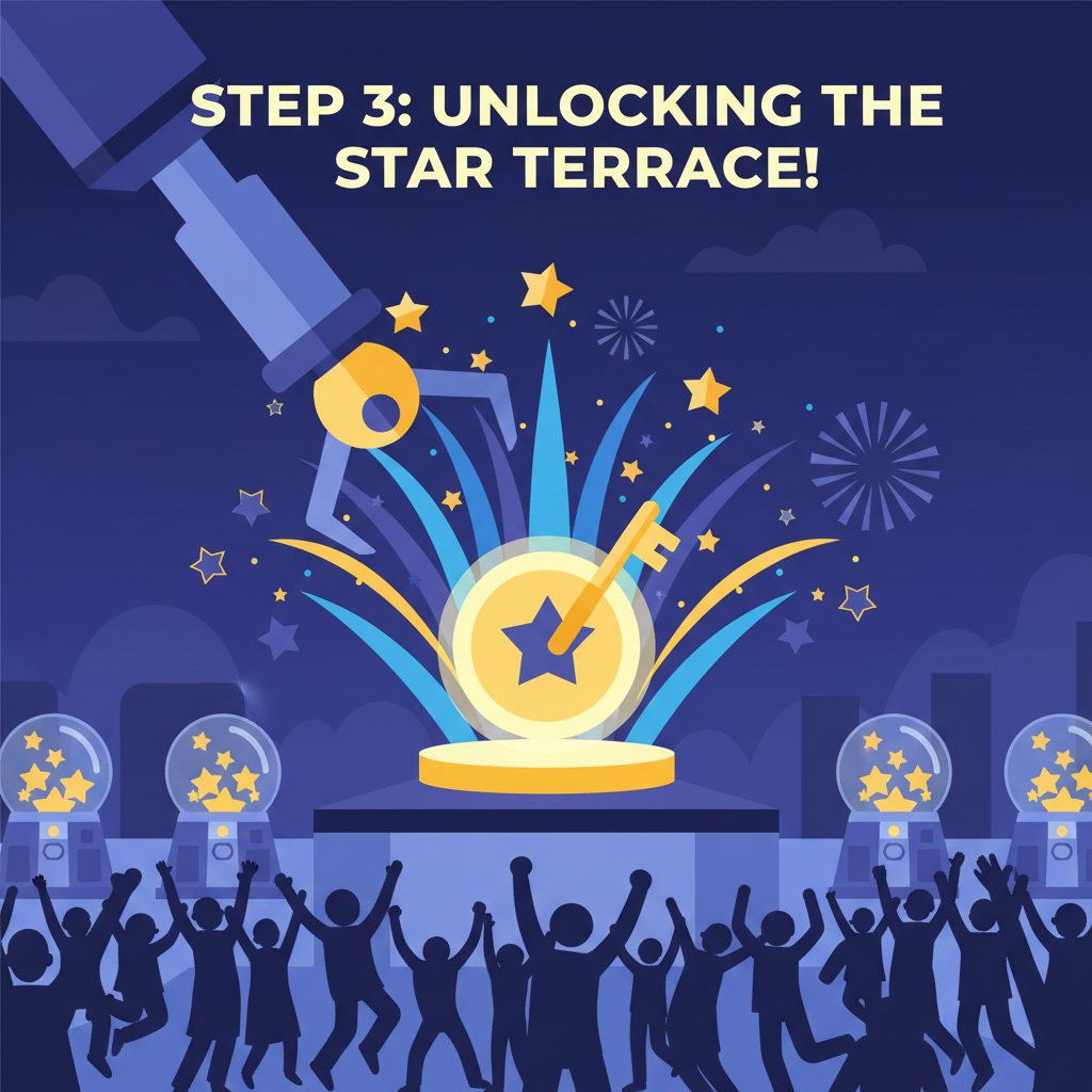 star terrace unlocking with fireworks, crowd celebrating, claw machines in background