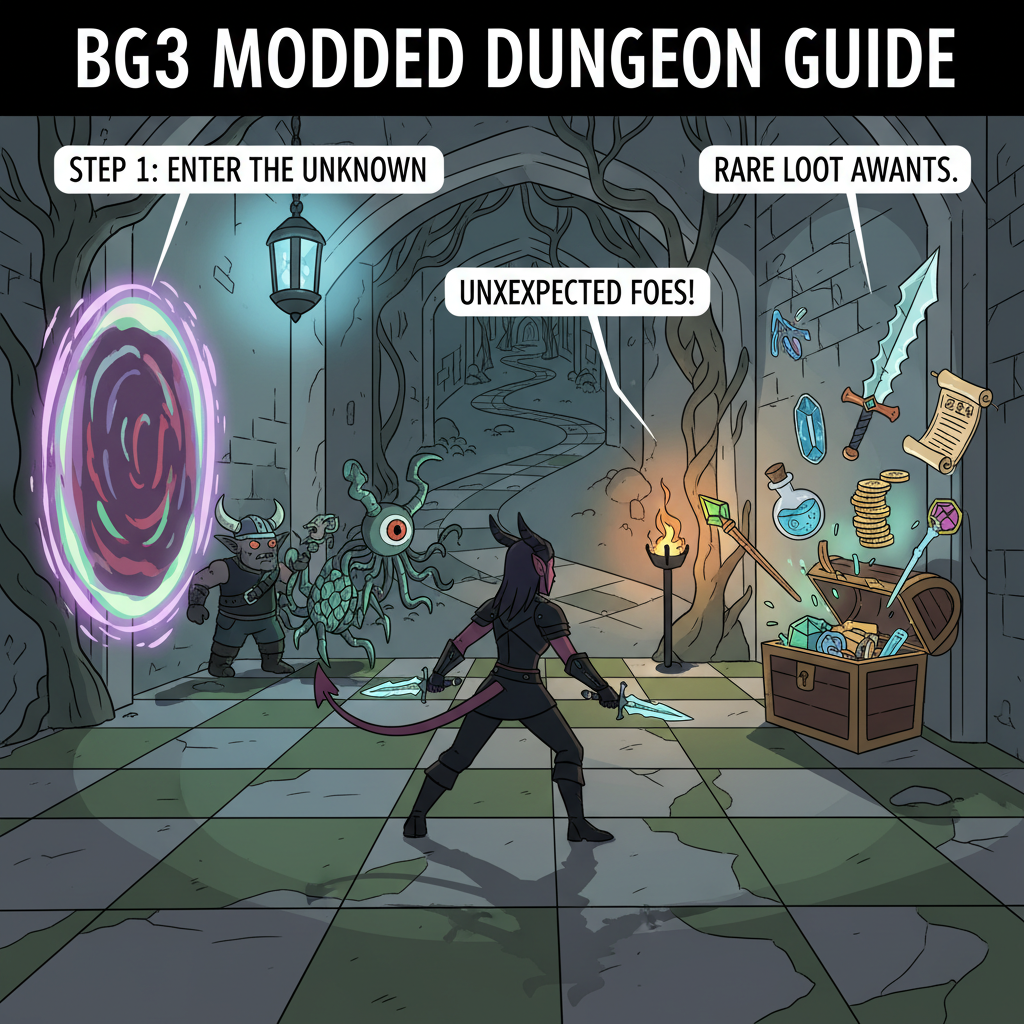 Player in BG3 exploring modded randomized dungeon, unexpected enemies and loot, dynamic lighting, immersive RPG scene