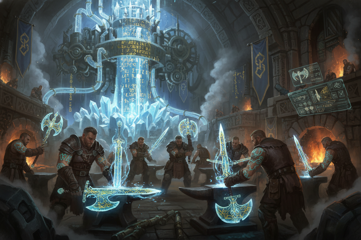 Dynamic concept art of Tokenforge Chronicles forge masters crafting glowing token weapons in medieval blockchain forge, highlighting guild warfare for upcoming B3 games on Basement.fun 2026