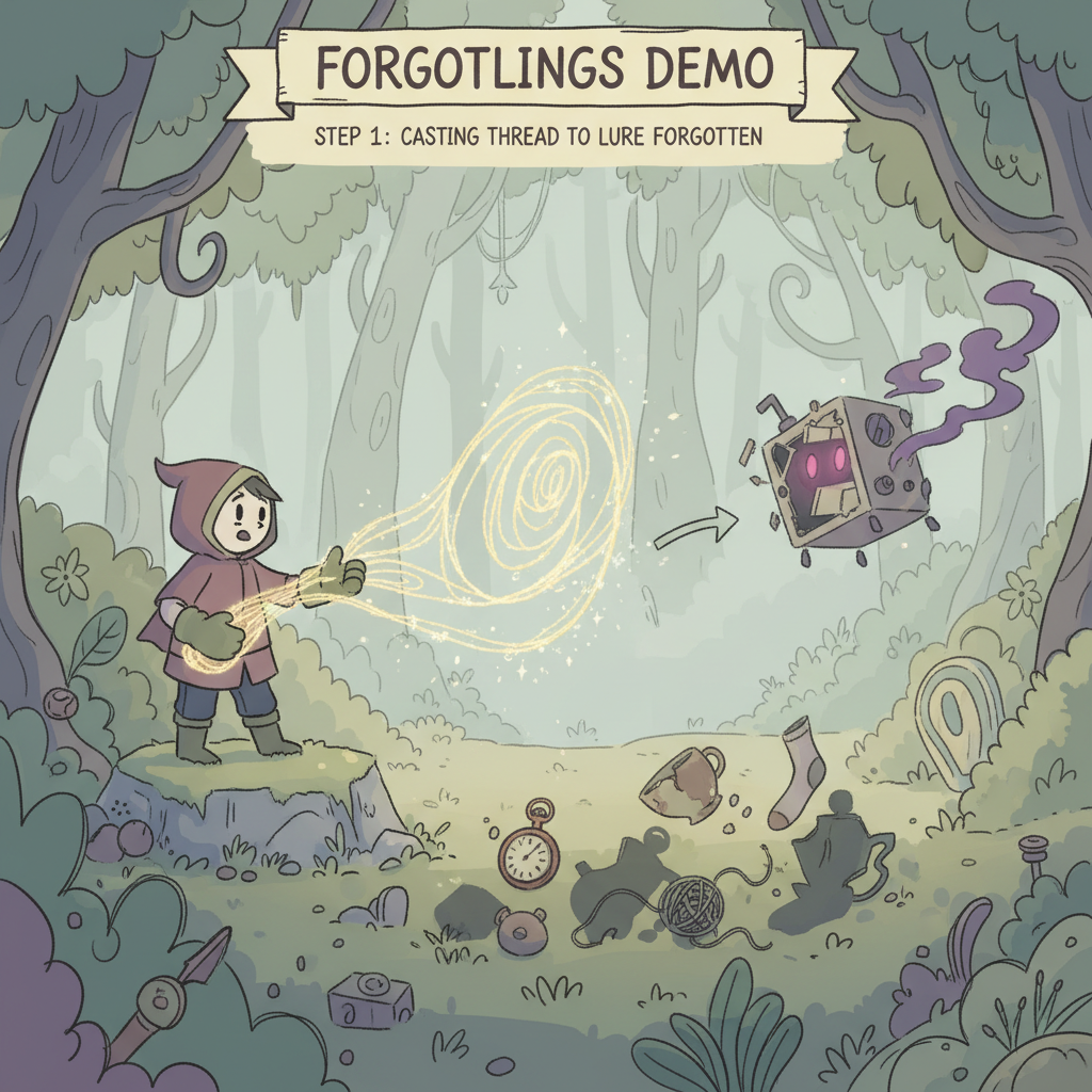 Forgotlings demo, Fig casting thread to lure forgotten object enemy, magical realm setting, detailed hand-drawn art