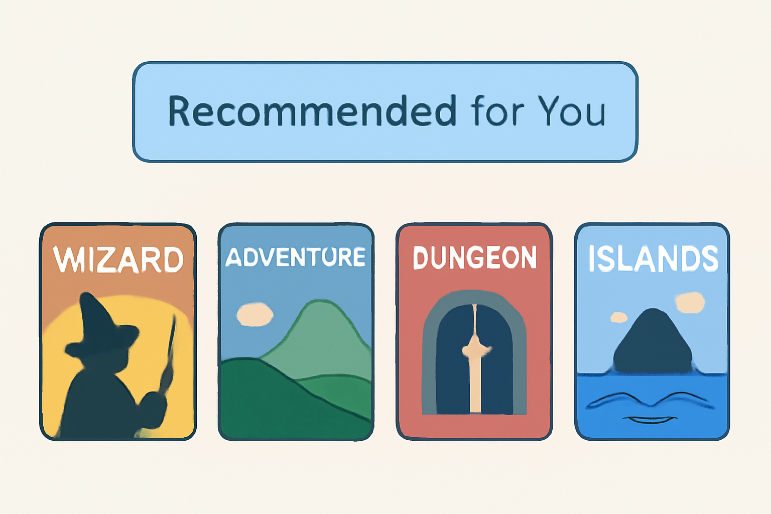 a recommendation feed with indie game covers and a 'Recommended for You' banner