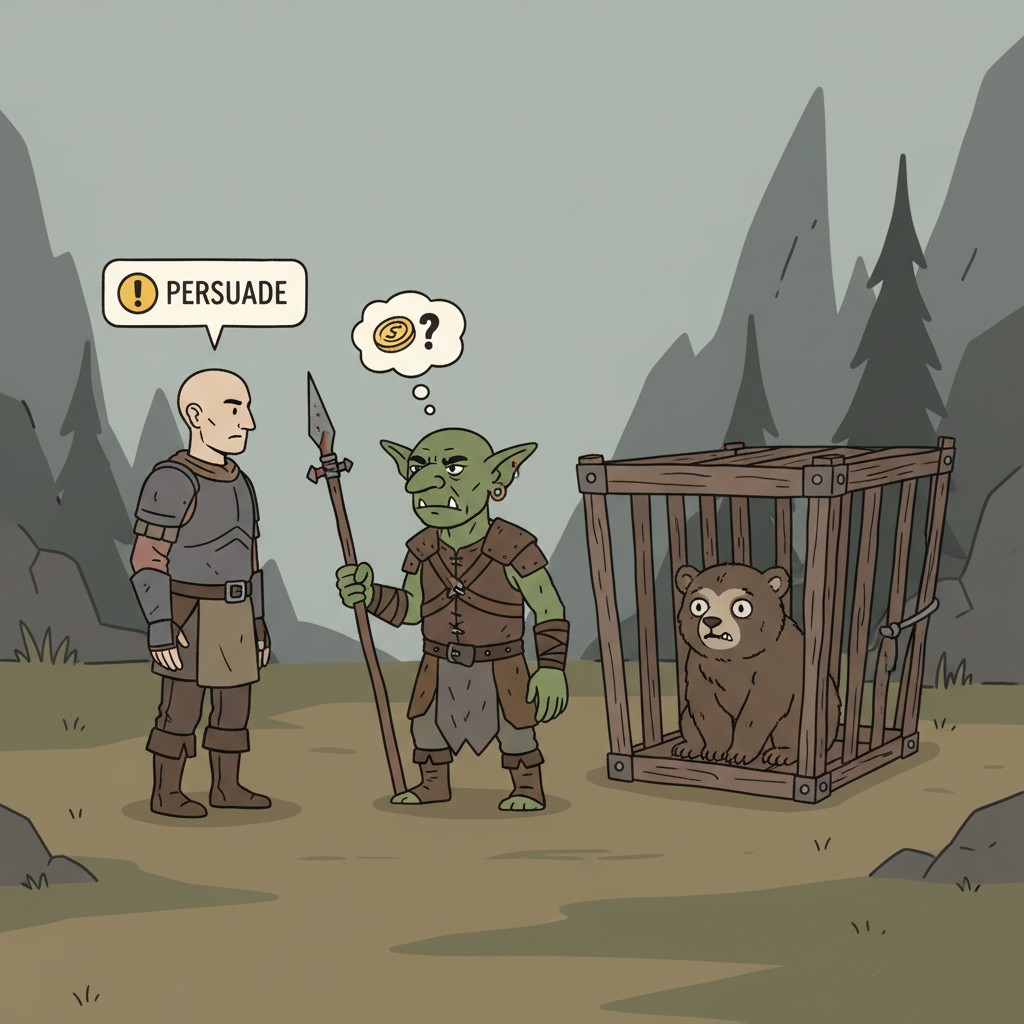Baldur's Gate 3 player talking to goblin Krolla near caged owlbear cub, tense dialogue scene