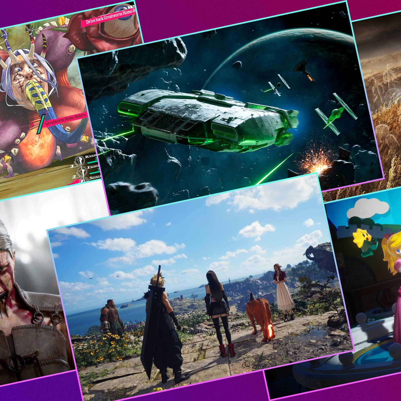 Collage featuring Final Fantasy VII Rebirth, Metaphor: ReFantazio, Black Myth: Wukong, Baldur's Gate 3, The Legend of Zelda: Tears of the Kingdom, Super Smash Bros. Ultimate, Sonic Superstars, Stellar Blade, Helldivers 2, and Persona 3 Reload as seen in the '10 Games to Get to Know Me' social media trend.
