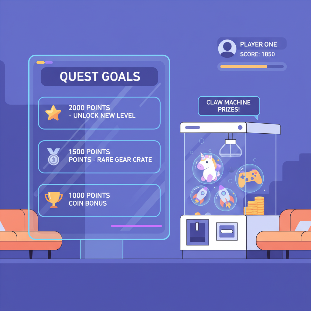 quest board in lounge showing point goals, claw machine prizes floating, digital HUD