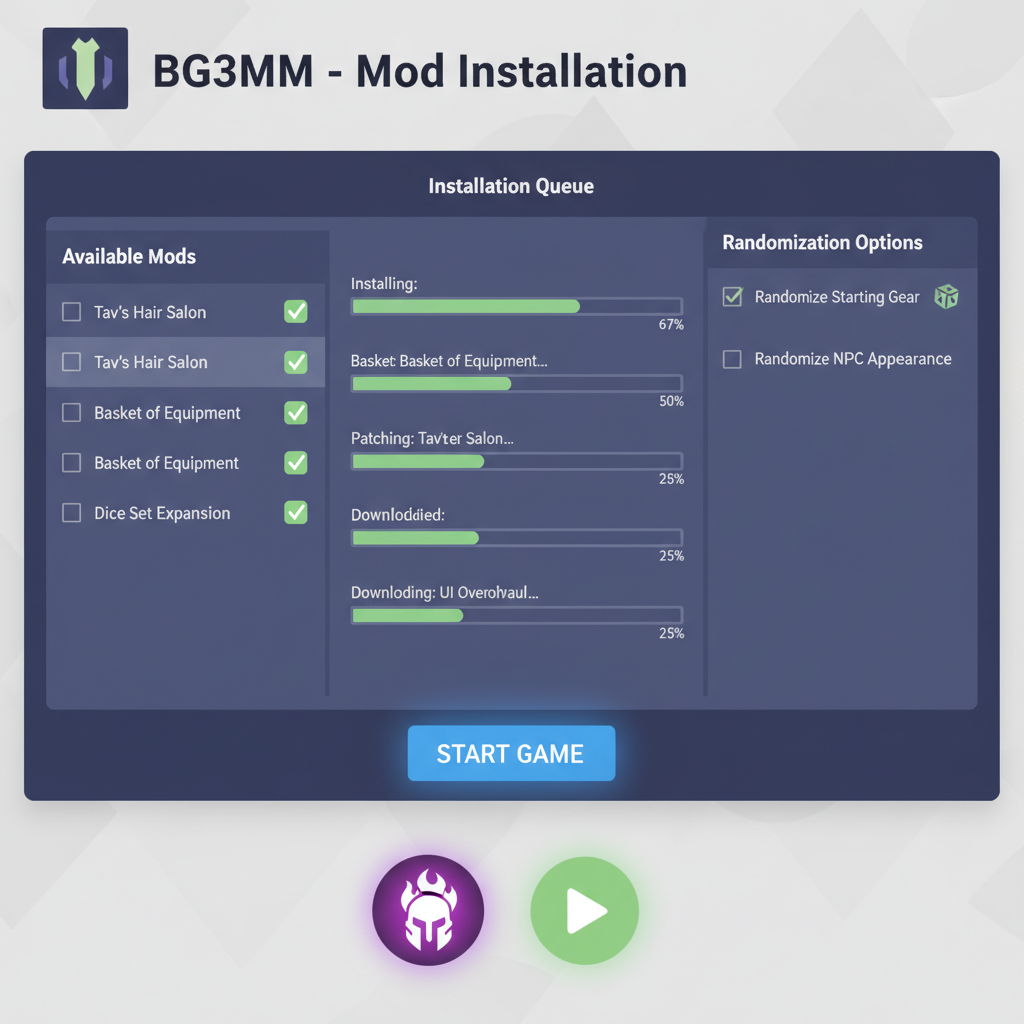 BG3MM dashboard with mods installing, progress bars, checkboxes enabled for randomization mods, game icons glowing