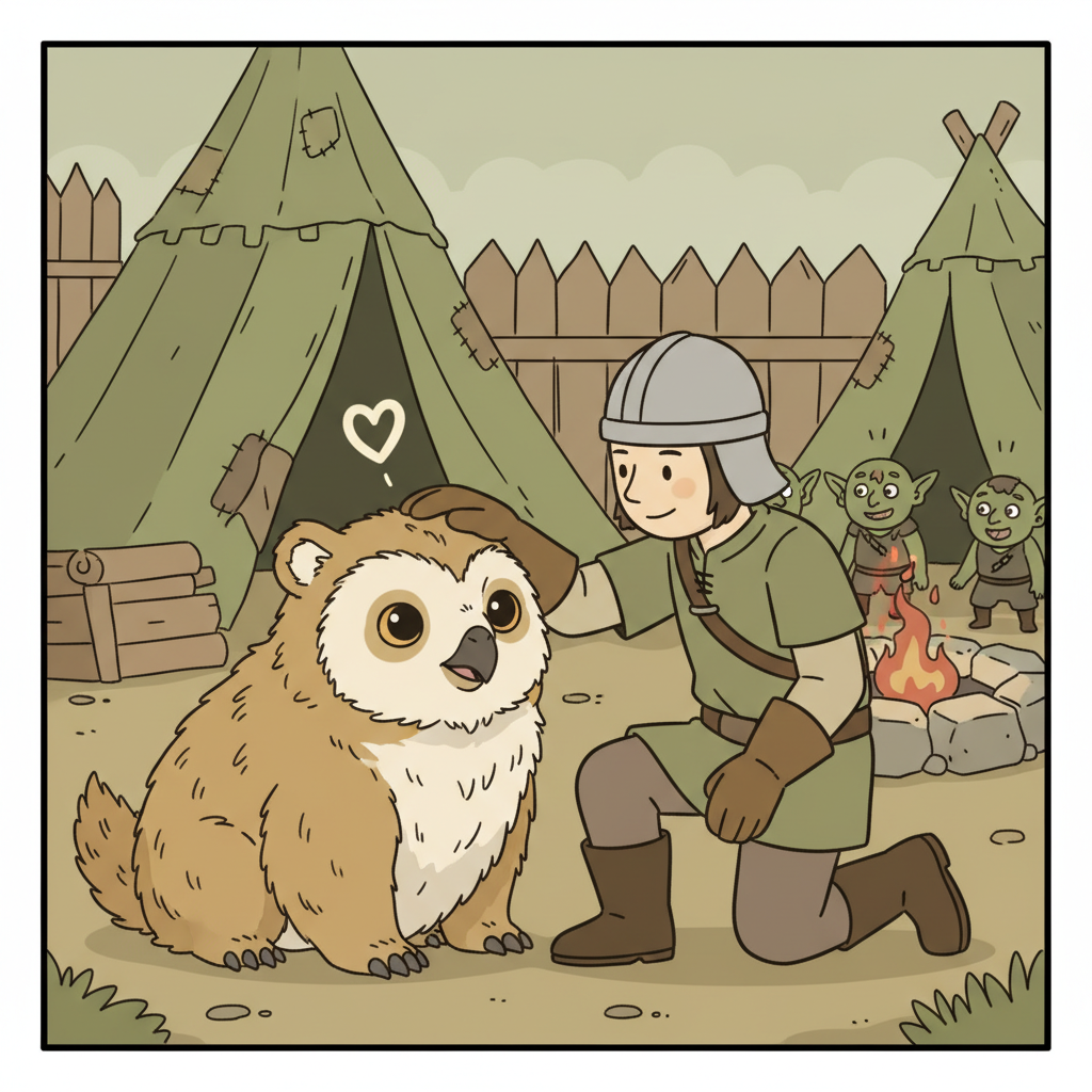 Adorable owlbear cub being petted by adventurer in goblin camp, fluffy feathers and fur, heartwarming