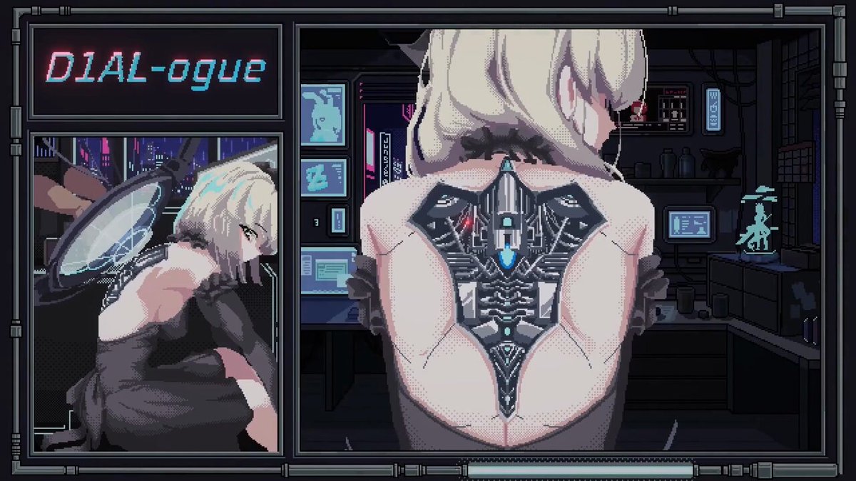 Stunning pixel art from D1AL-ogue indie cyberpunk puzzle game depicting Chroma City android repair scene with detailed mechanical diagnostics and vibrant neon glow